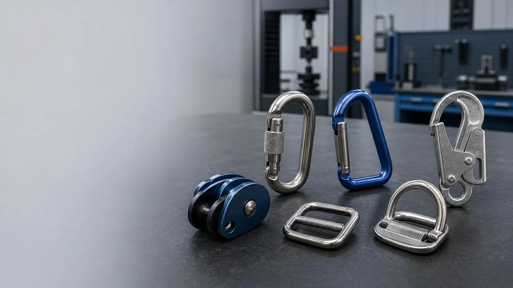 Fall protection hardware components in an industrial testing workshop